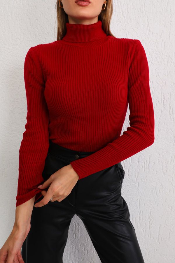 BİKELİFE BİKELİFE Дамски червен ликра гъвкав врата трикотаж пуловер
