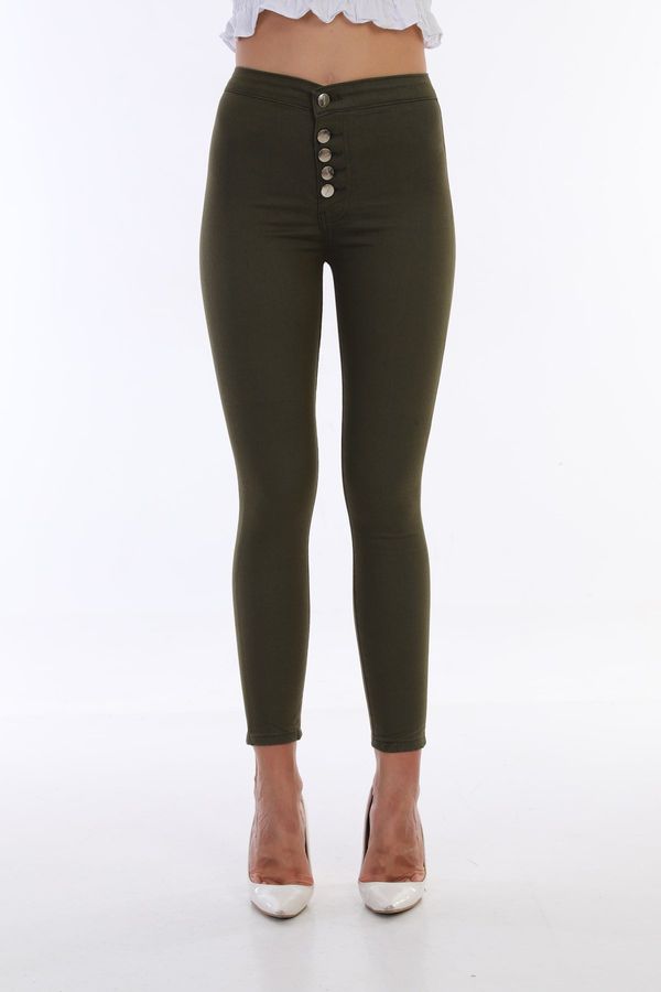 BİKELİFE BİKELİFE Дамски каки висока талия кльощава крак закопчани гамаши панталони