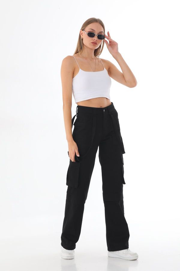 BİKELİFE BİKELİFE Women's Black High Waist Multi Pockets Strap Detail Straight Fit Cargo Pants