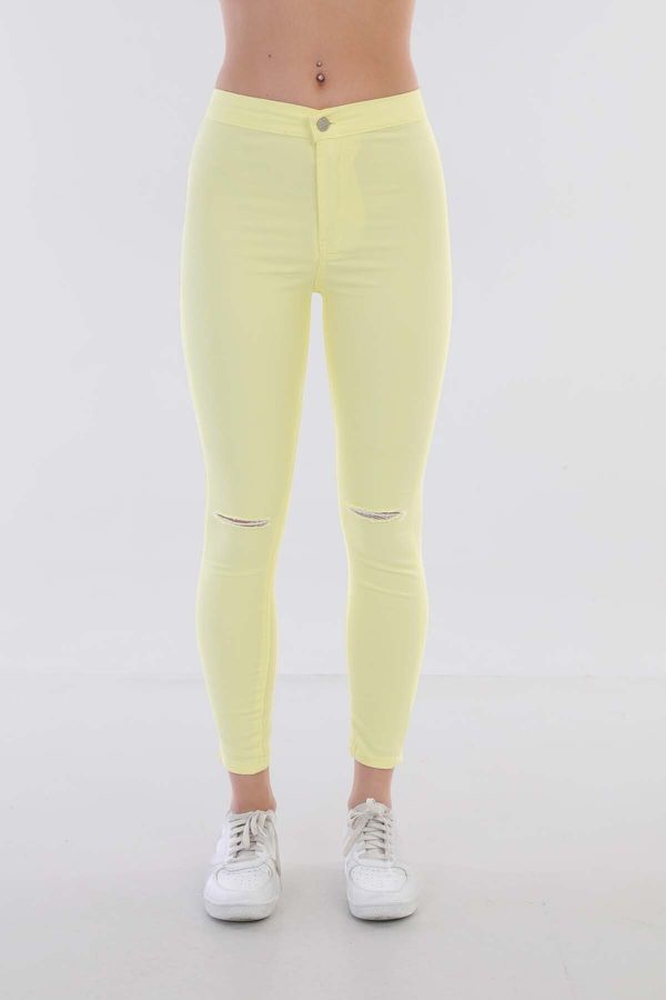 BİKELİFE BİKELİFE Women's Yellow High Waist Lycra Ripped Detailed Leggings Trousers.