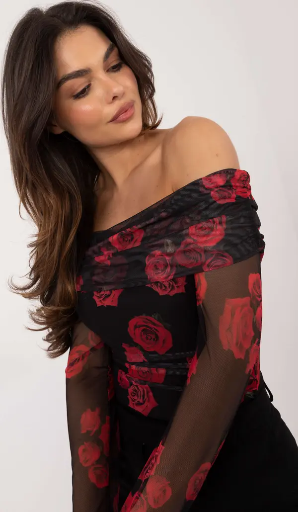 Italy Moda Black and red Spanish mesh blouse