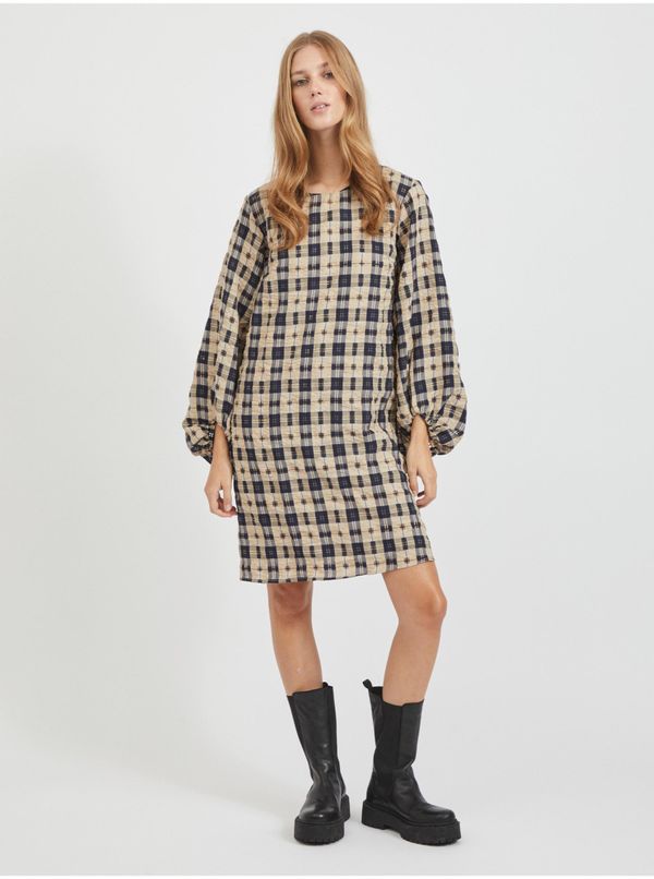 Vila Black-beige ladies plaid dress with balloon sleeves VILA Demi - Ladies