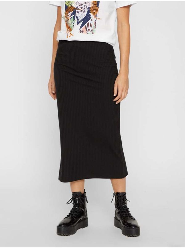 Pieces Black Ribbed Midi Skirt with Slit Pieces Kylie - Women