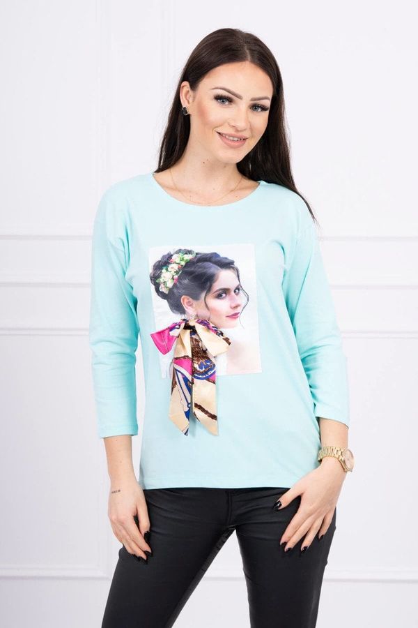 marka niezdefiniowana Blouse with graphics and a colorful bow 3D mint