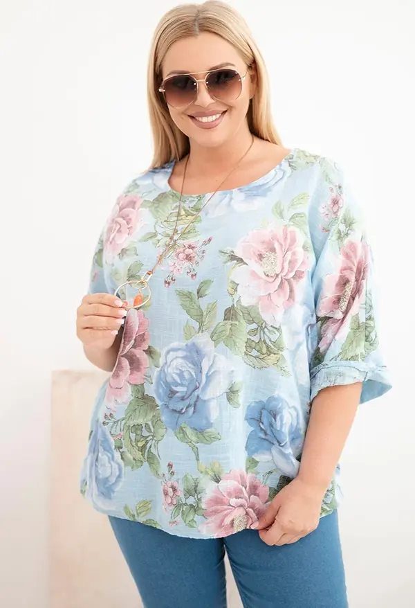 Kesi Włoski Блуза Kesi с флорален принт, големи размери, синя