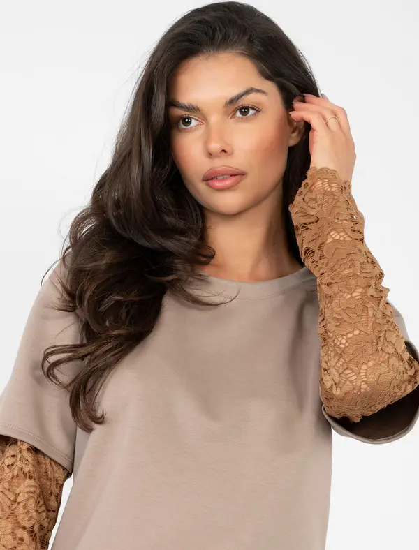 Factory Price Блуза с дантелени ръкави, тъмнобежова
