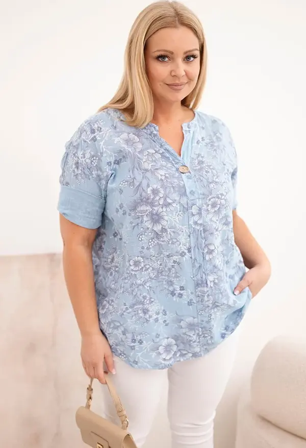 Kesi Włoski Блуза с големи размери Kesi Włoski с къс ръкав и копчета, синя