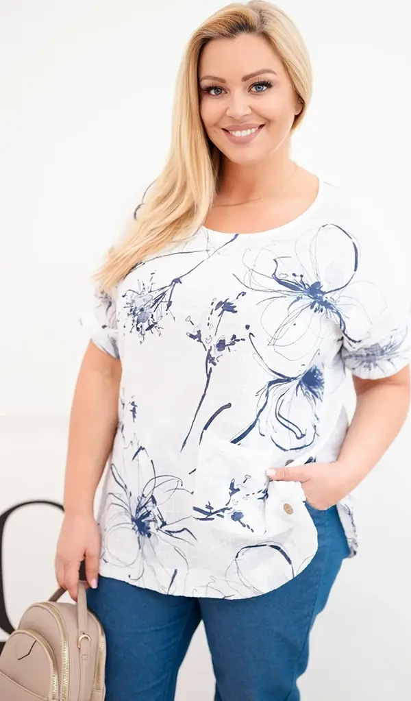 Kesi Włoski Блуза с голям размер с къс ръкав и джоб, бяла