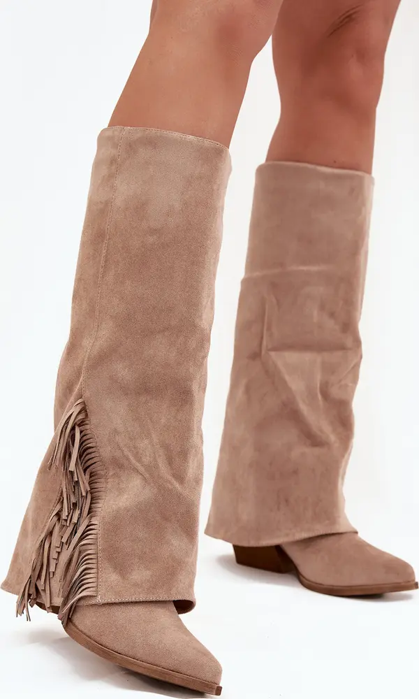 Boto Boto Дамски Ботуши Ковбойски На Ток С Пискюли Бежови Залия