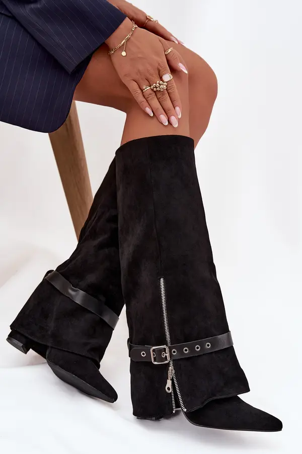 Boto Boto Дамски ботуши на ток с украса колан черни Jolivine