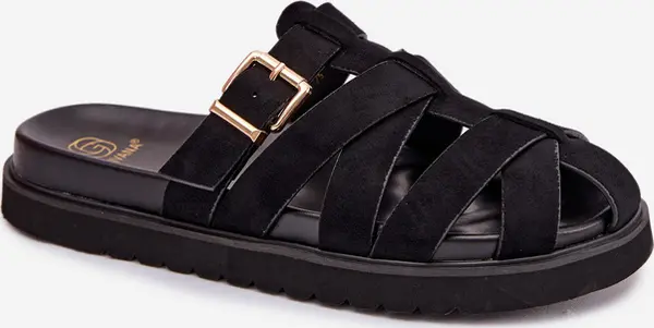 Boto Boto Дамски чехли с ремъци и златен щипка Черни Roselisse