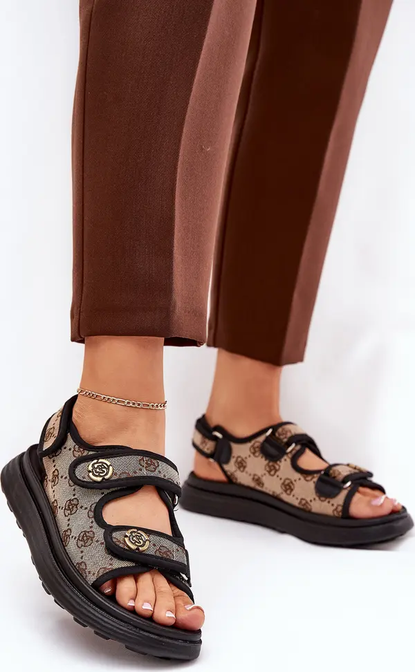 Boto Boto Дамски Патерни Текстилни Сандали С Златни Детайли Бежово-Черни Пефесе