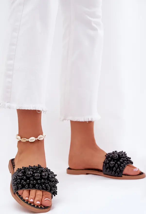 Boto Boto Дамски Плоски Сандали С Украсителни Перли Черни Aricca