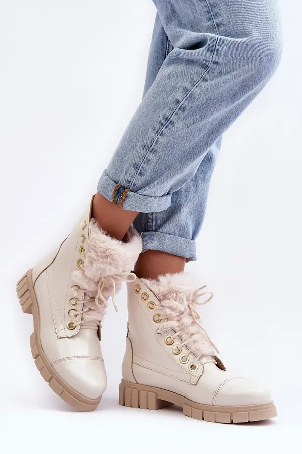 Boto Boto Кожени дамски боти с изкуствен косъм светло бежови Lewski 3296