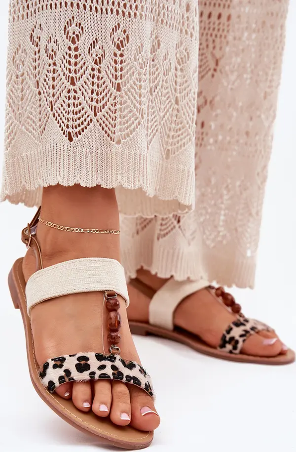 Boto Boto Плоски Дамски Сандали С Мъниста Пантера Бежови Virona