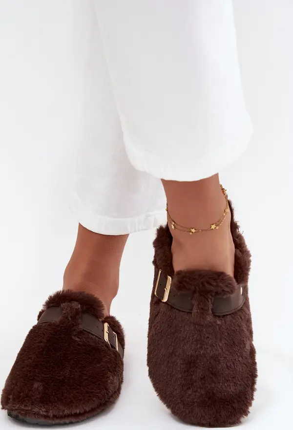 Boto Boto Плюшени дамски чехли на платформа с колан и закопчалка кафяви Noraline