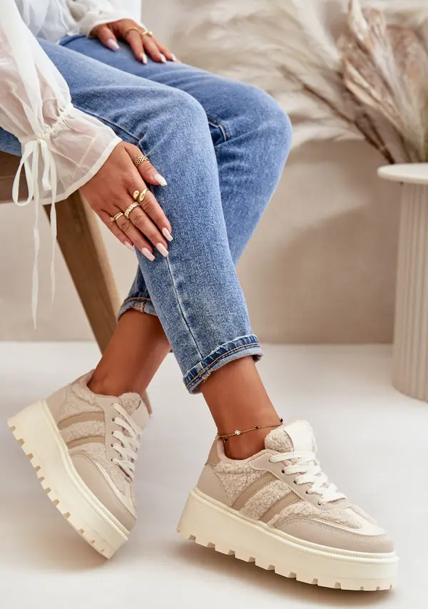 Boto Boto Топли дамски кецове на платформа с косъм бежови Daivlene