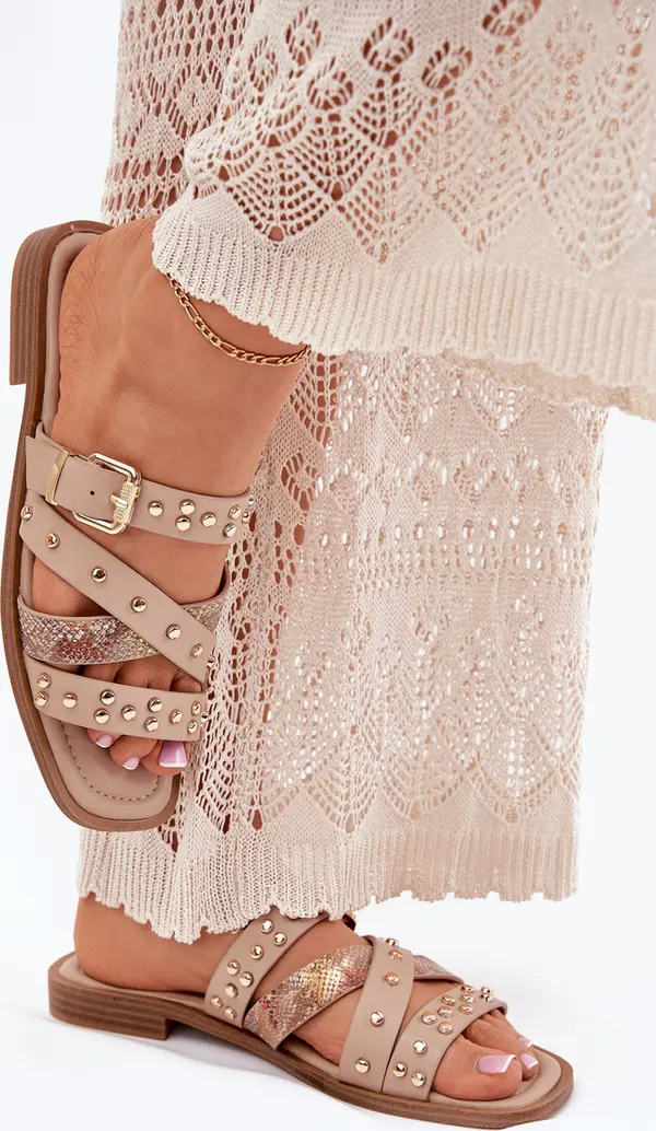 Boto Boto Украсени дамски сандали на плосък ток с ленти и катарама бежови Manitte