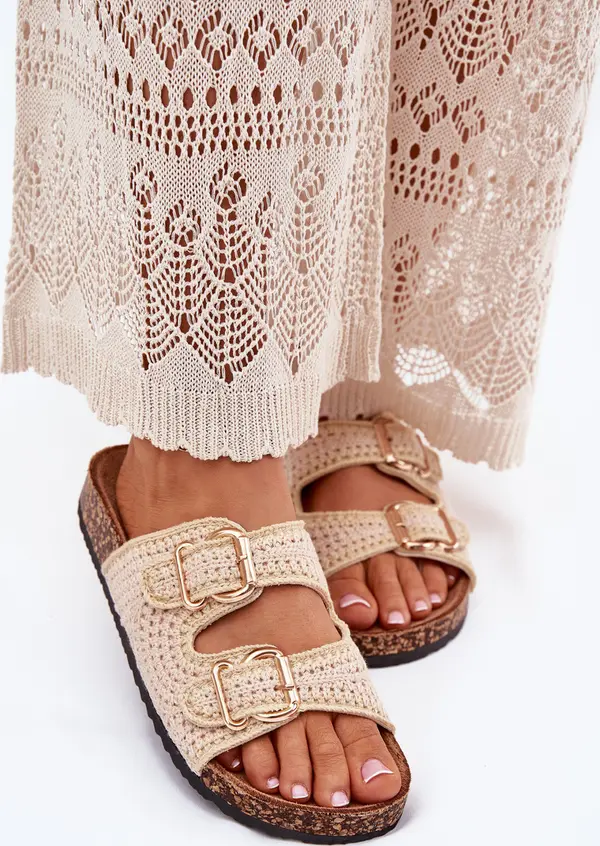 Boto Boto Вязаните дамски чехли със златни катарами бежови Фенира