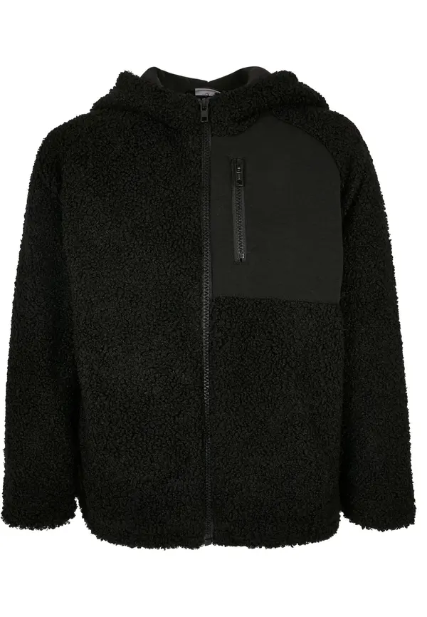 Urban Classics Boys' Sherpa Jacket with Zipper Hood, Black