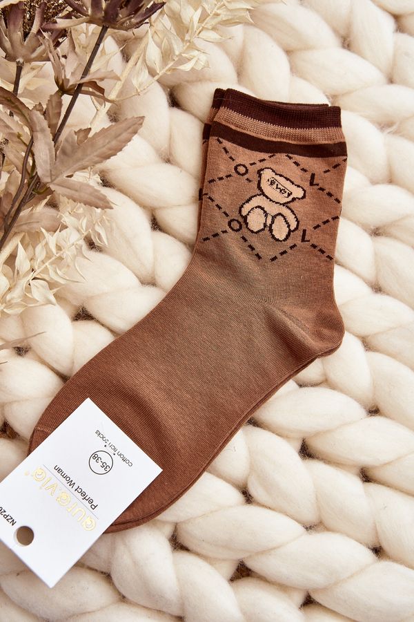Kesi Brown patterned women's socks with teddy bear