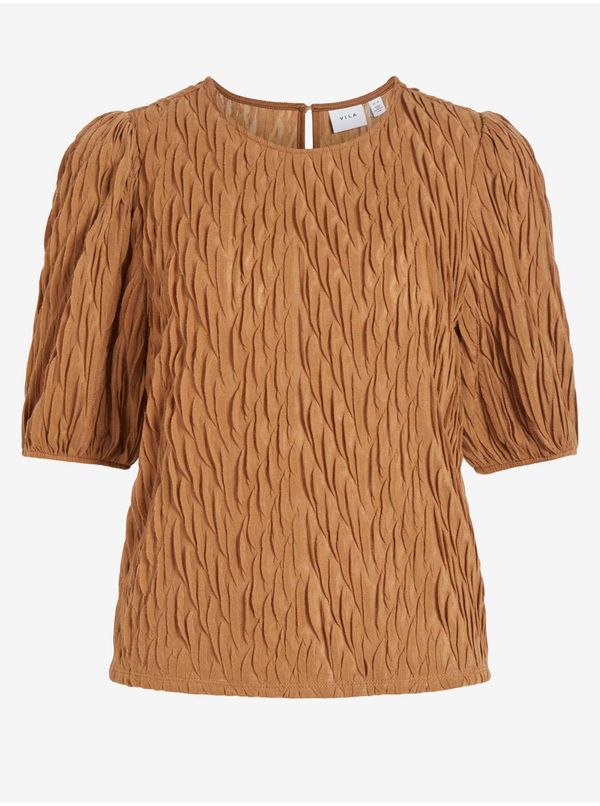 Vila Brown Pleated Blouse with Balloon Sleeves VILA Plisso - Women