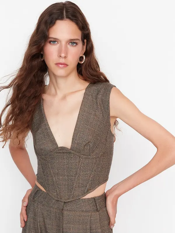 Trendyol Brown Women's Plaid Crop Top Trendyol - Women