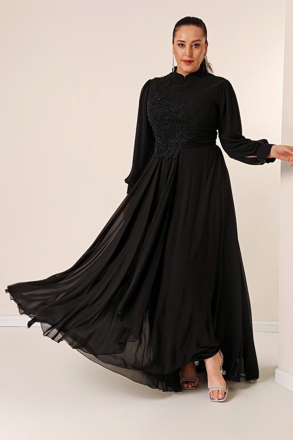 By Saygı By Saygı Bead Embroidered Lined Flounce Front Plus Size Long Chiffon Dress