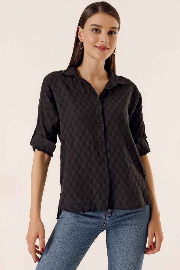 By Saygı By Saygı Button-Front Polo Collar Shirt with Buttons, Folded Sleeves Black