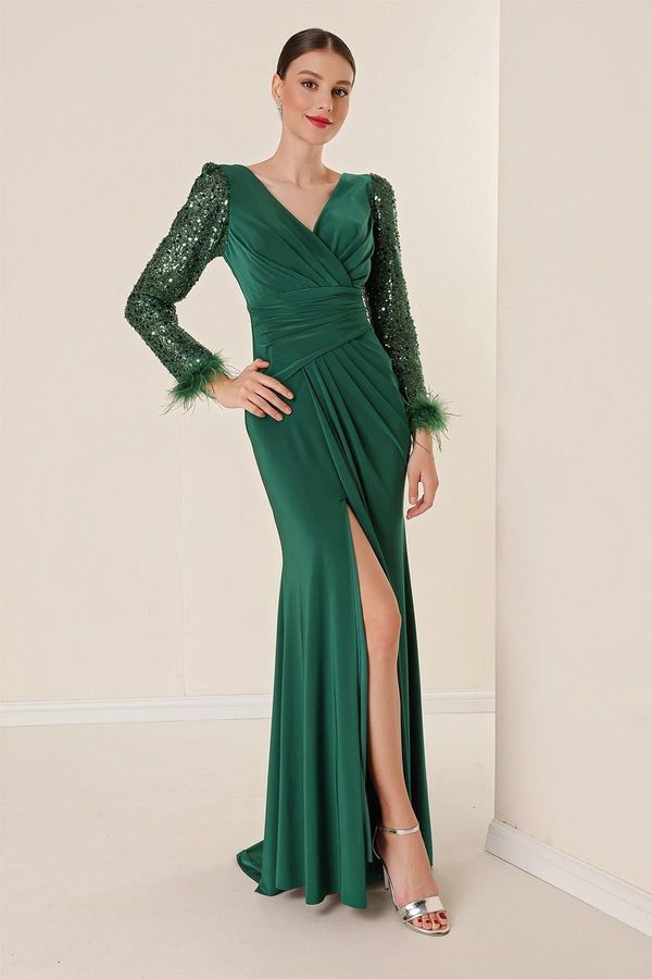 By Saygı By Saygı Double-breasted Collar Draped Long Sleeves Lined Lycra Dress with Stitching Feather Detail Emerald.