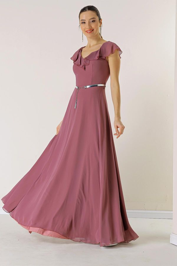 By Saygı By Saygı Flounce Collar Waist Belt Lined Long Chiffon Dress