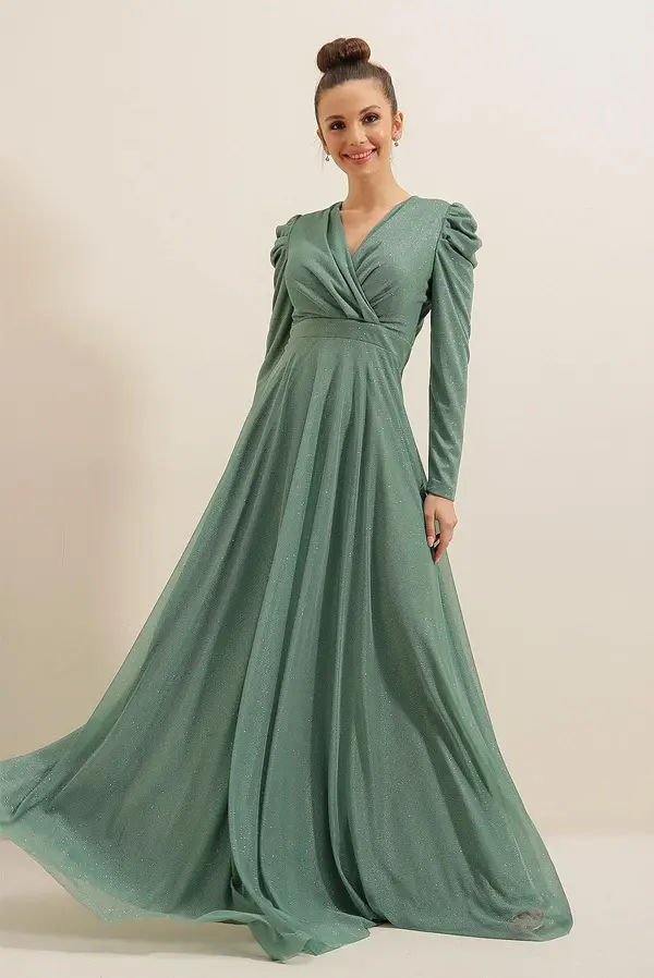 By Saygı By Saygı Lace Neck Shoulder Pleated Lined Glittery Long Dress
