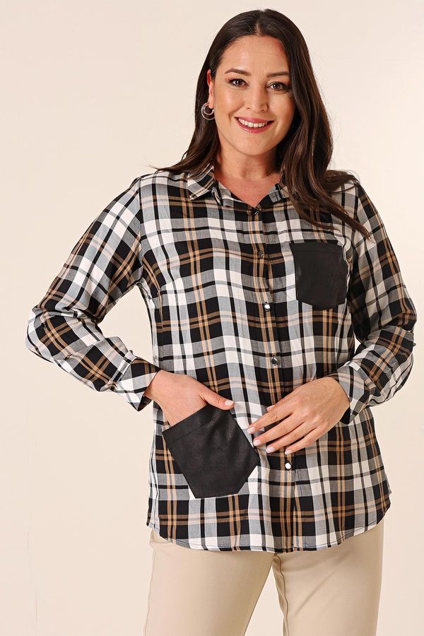 By Saygı By Saygı Metal Buttoned Leather Detailed Double Pocket Sleeve Folded Plaid Plus Size Shirt