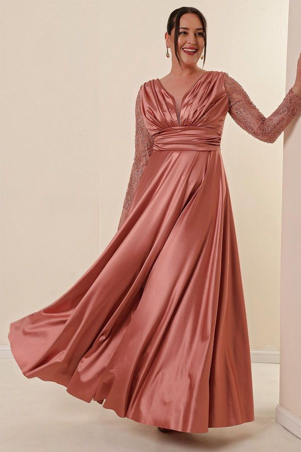 By Saygı By Saygı Plus Size Long Satin Evening Dress with Tulle Shimmer Detailed Front Pleats on the sleeves Copper.