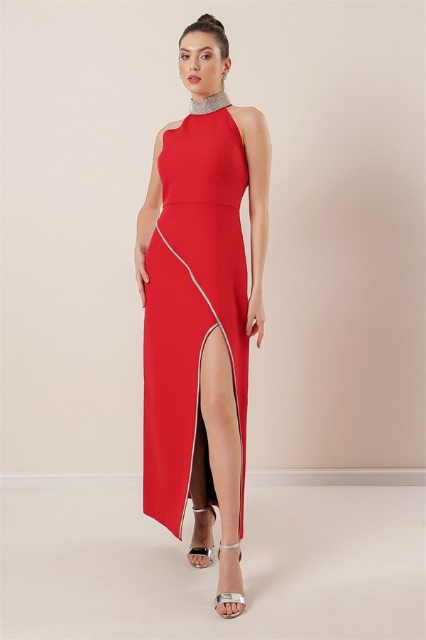 By Saygı By Saygı Stone Detailed Long Dress with a Slit in the Front Red