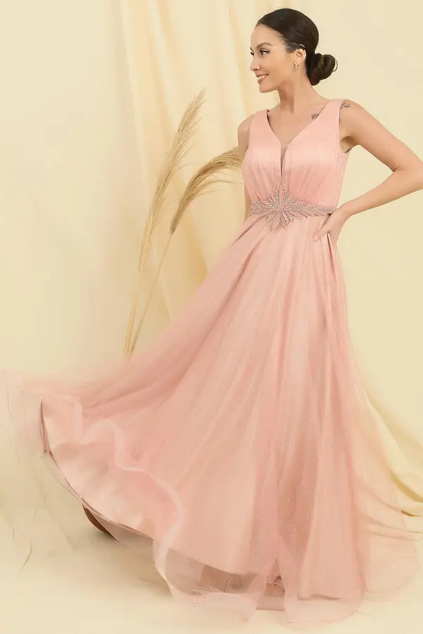 By Saygı By Saygı V Neck Waist Stoned Lined Top Glitter Inside Satin Long Princess Dress