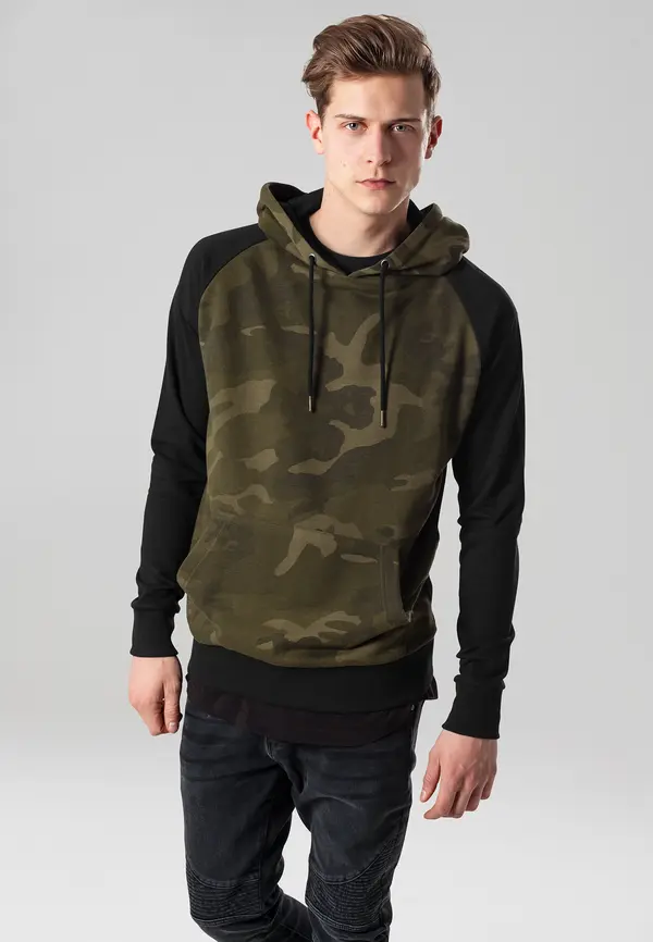 Urban Classics Camo Contrast Raglan Hoody Olive Camo/blk