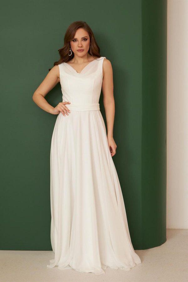 Carmen Carmen Ecru Chiffon Plunging Neck Long Wedding Dress