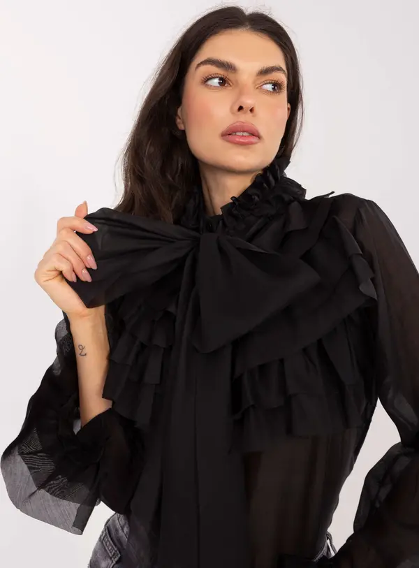 Factory Price Черна блуза с волани и панделка