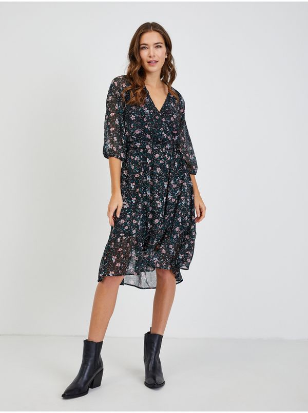 Orsay Черна дамска рокля на цветя с вратовръзка ORSAY - Дамски