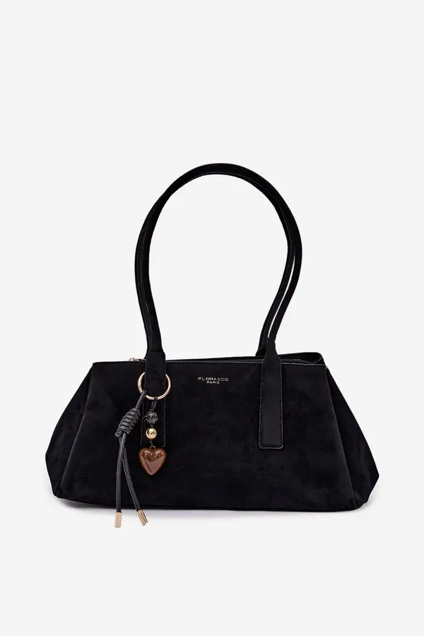 FLORA & CO Черна еко велурена чанта Flora&amp;Co с висулка