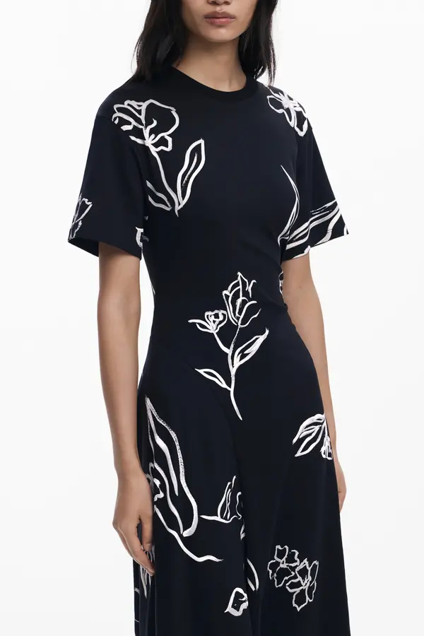 DESIGUAL Черна миди рокля с флорален мотив