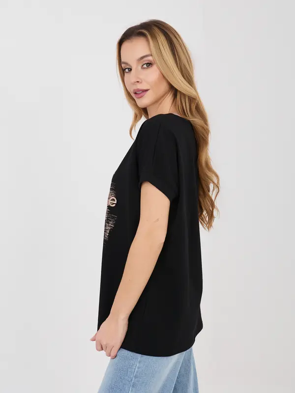 RELEVANCE Черна овърсайз памучна блуза с надпис