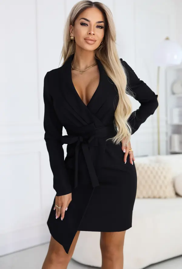 NUMOCO Черна рокля-сако с колан и асиметричен подгъв