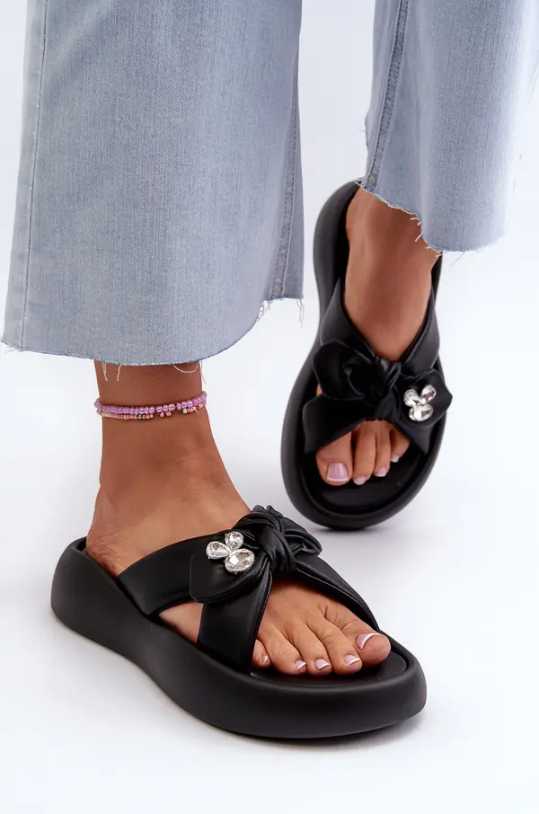 GOE Черни дамски кожени сандали на платформа GOE