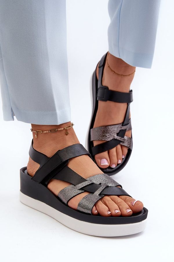 Zazoo Черни дамски кожени сандали на платформа Zazoo 40397