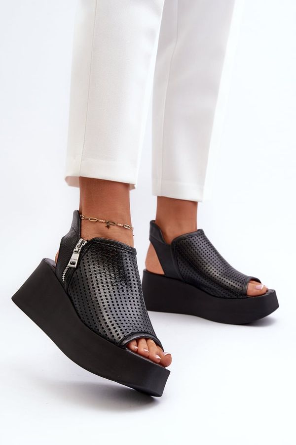 Zazoo Черни кожени сандали на танкетка Zazoo 1792