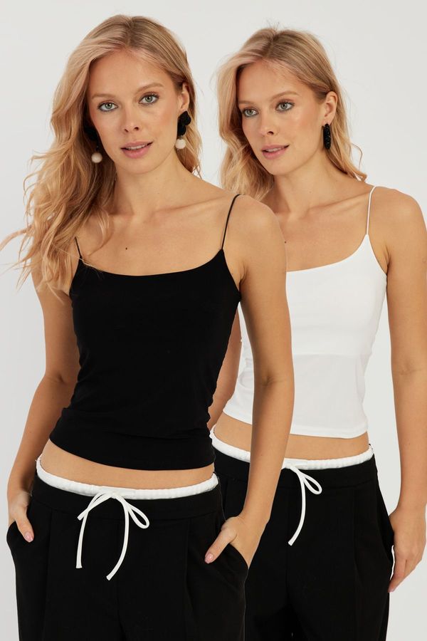 Cool & Sexy Cool & Sexy Women&#39;s Black-White Double Rope Strap Blouse IO158