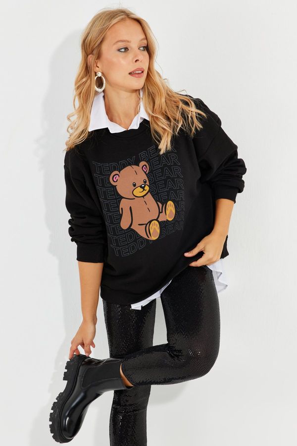 Cool & Sexy Cool & Sexy Women's Black Teddy Bear Printed Sweatshirt ZM288