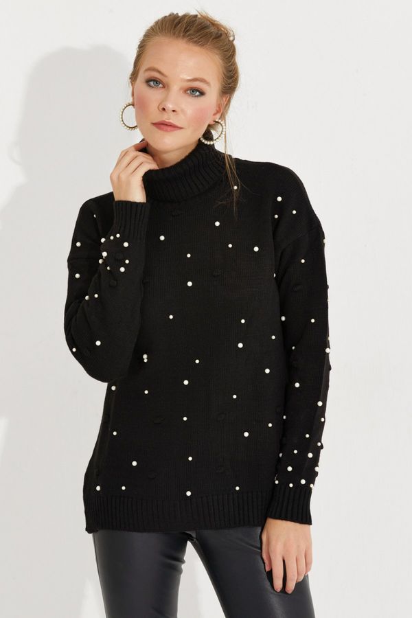 Cool & Sexy Cool & Sexy Women's Black Turtleneck Pearl Knitwear Sweater